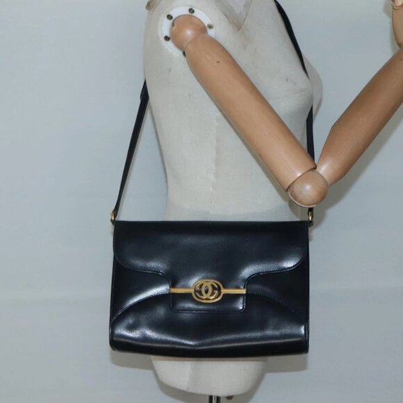 GUCCI Shoulder Bag Leather Navy Gold Auth - Picture 1 of 15